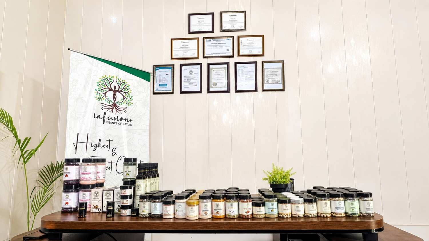Infusions product display with store certificates