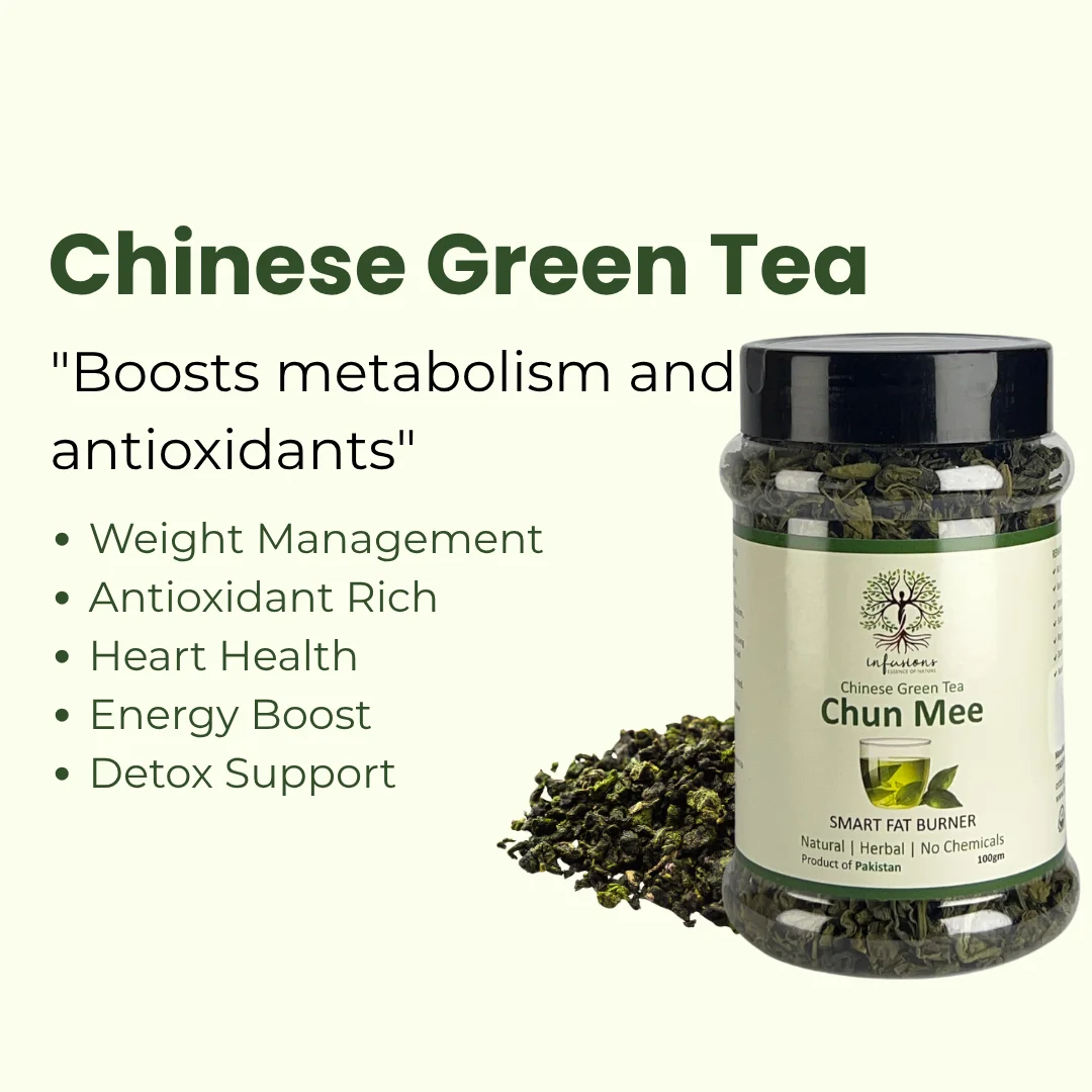 Chinese Green Tea antioxidant benefits, digestive wellness and calming properties infographic