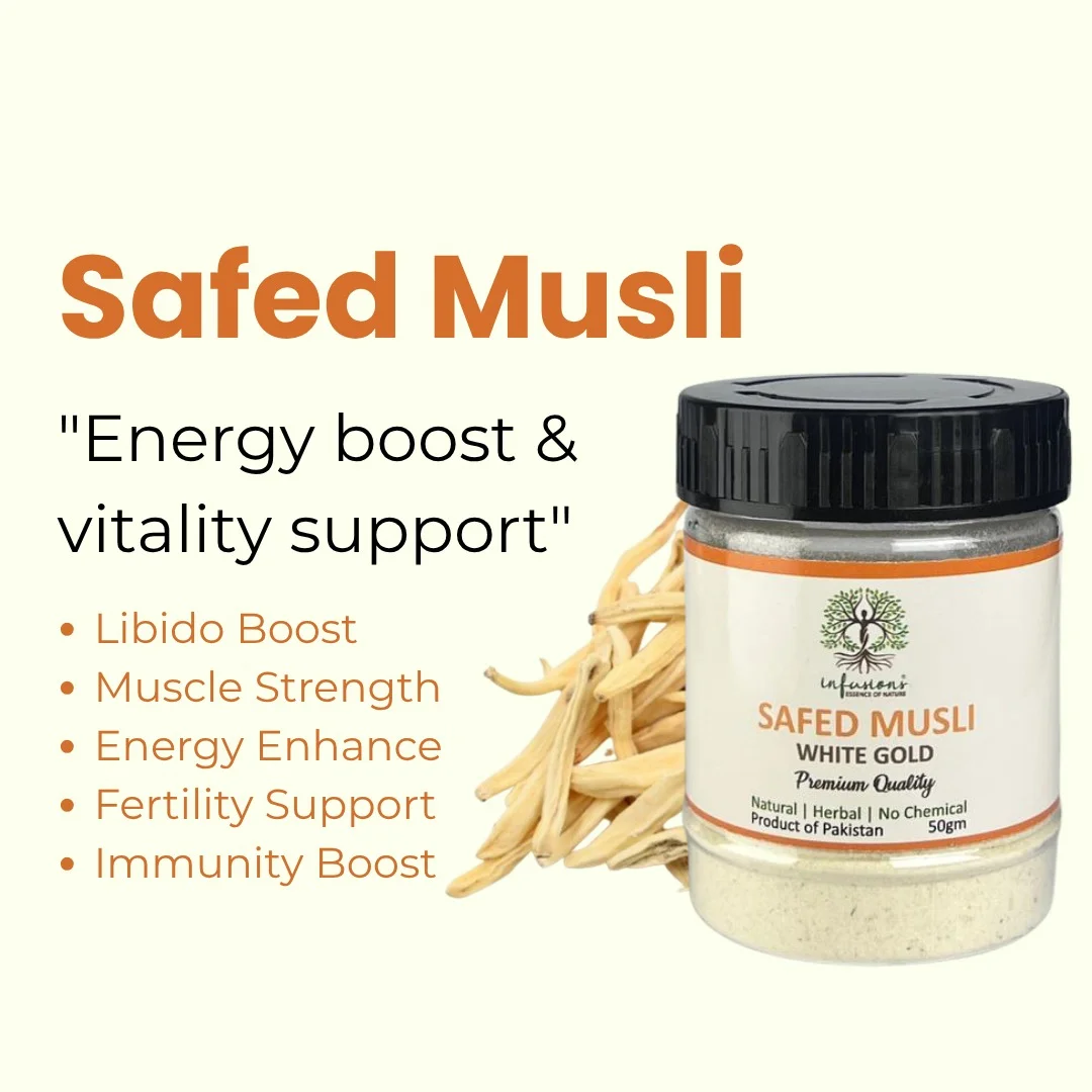 Safed Musli key benefits, natural wellness properties and herbal care advantages infographic