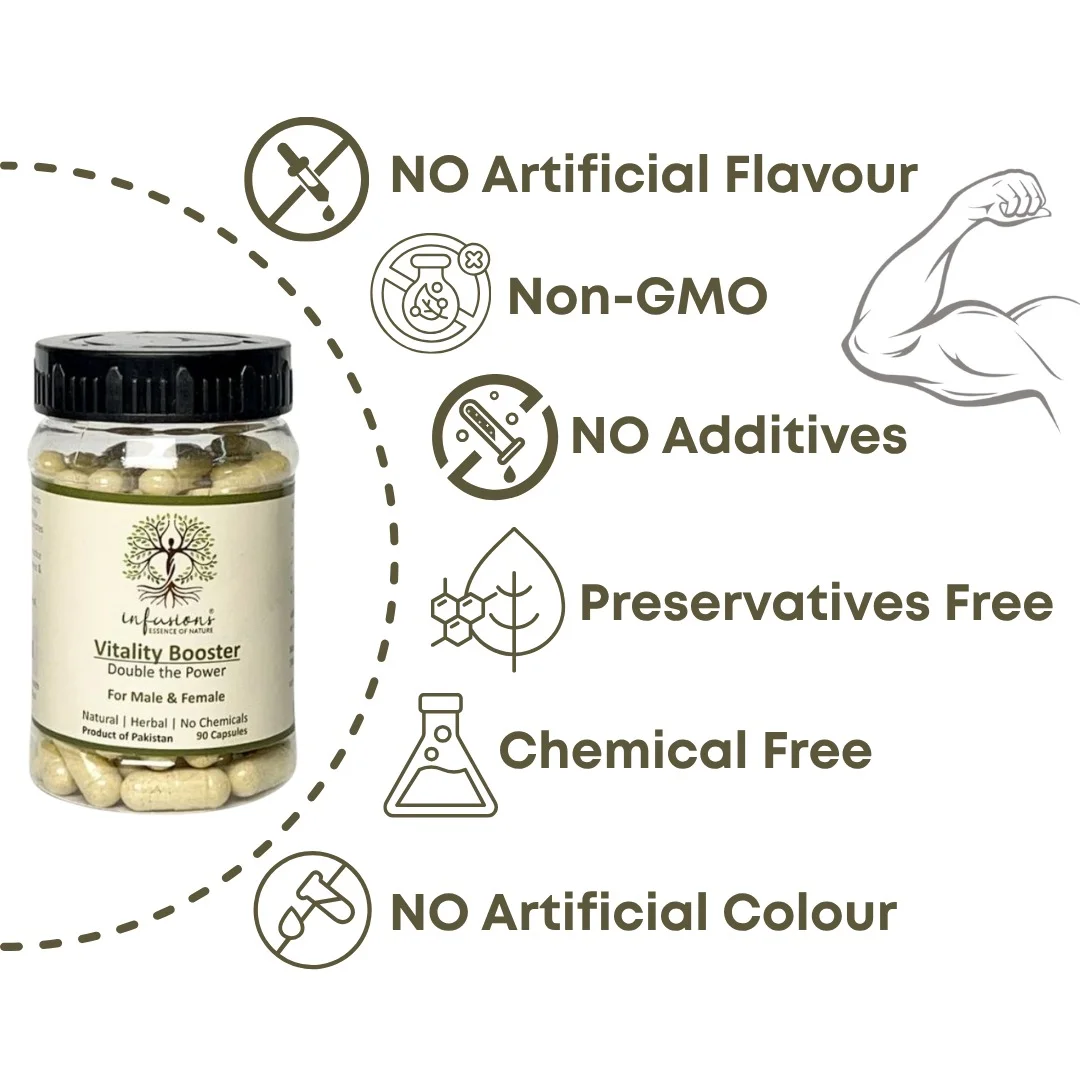 Vitality Booster 100% natural pure quality seals - chemical-free, non-GMO and preservative-free