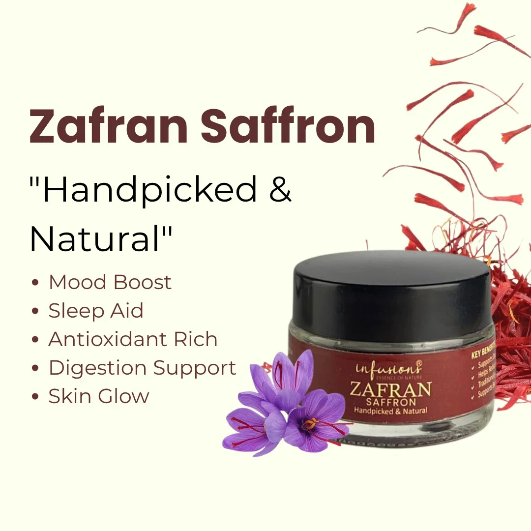 Zaffran key benefits, natural wellness properties and herbal care advantages infographic