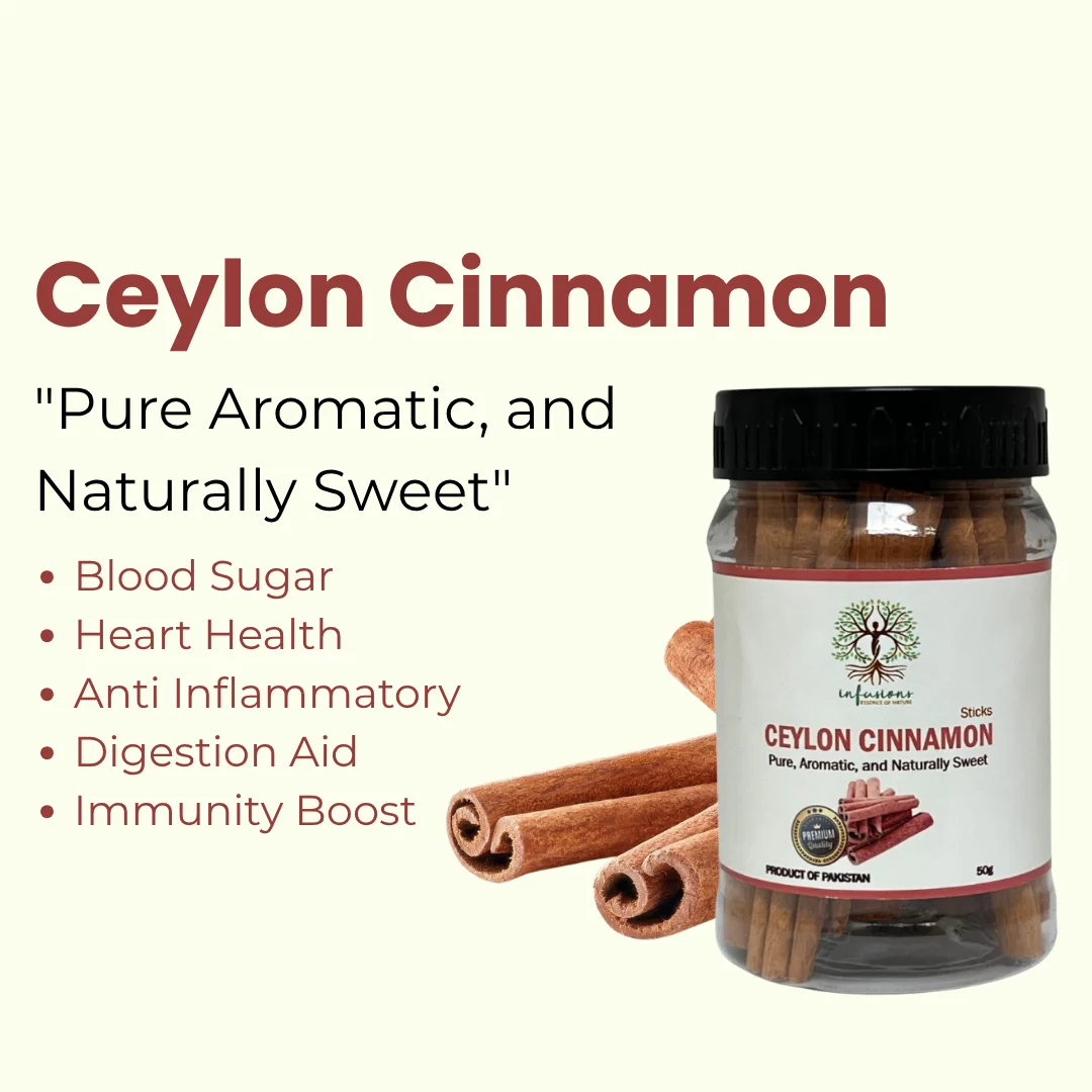 Ceylon Cinnamon Sticks key benefits, natural wellness properties and herbal care advantages infographic