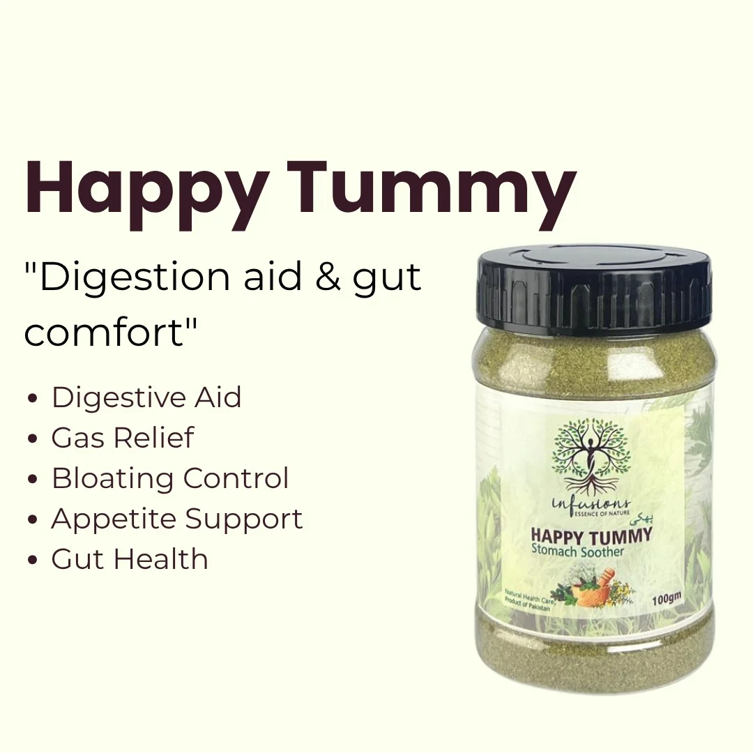 Happy Tummy key benefits, natural wellness properties and herbal care advantages infographic