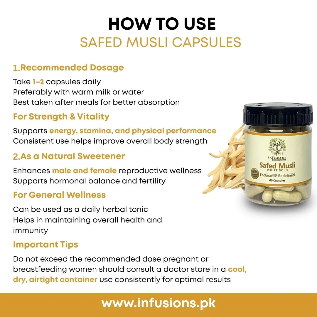 How to take Safed Musli Capsules - recommended daily supplement dosage and directions for use