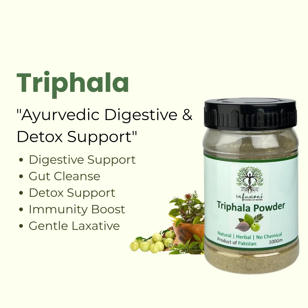 Triphala Powder key benefits, natural wellness properties and herbal care advantages infographic