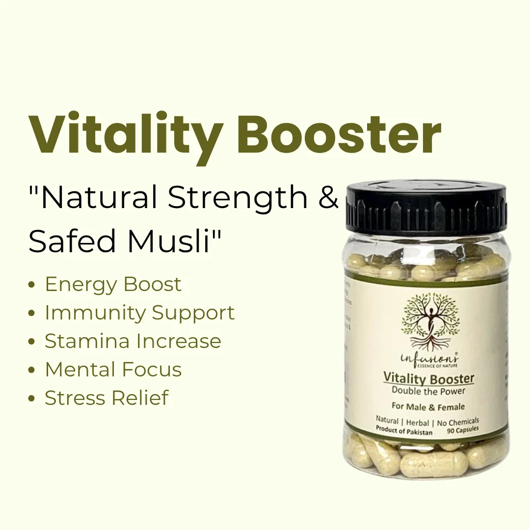 Vitality Booster key benefits, natural wellness properties and herbal care advantages infographic