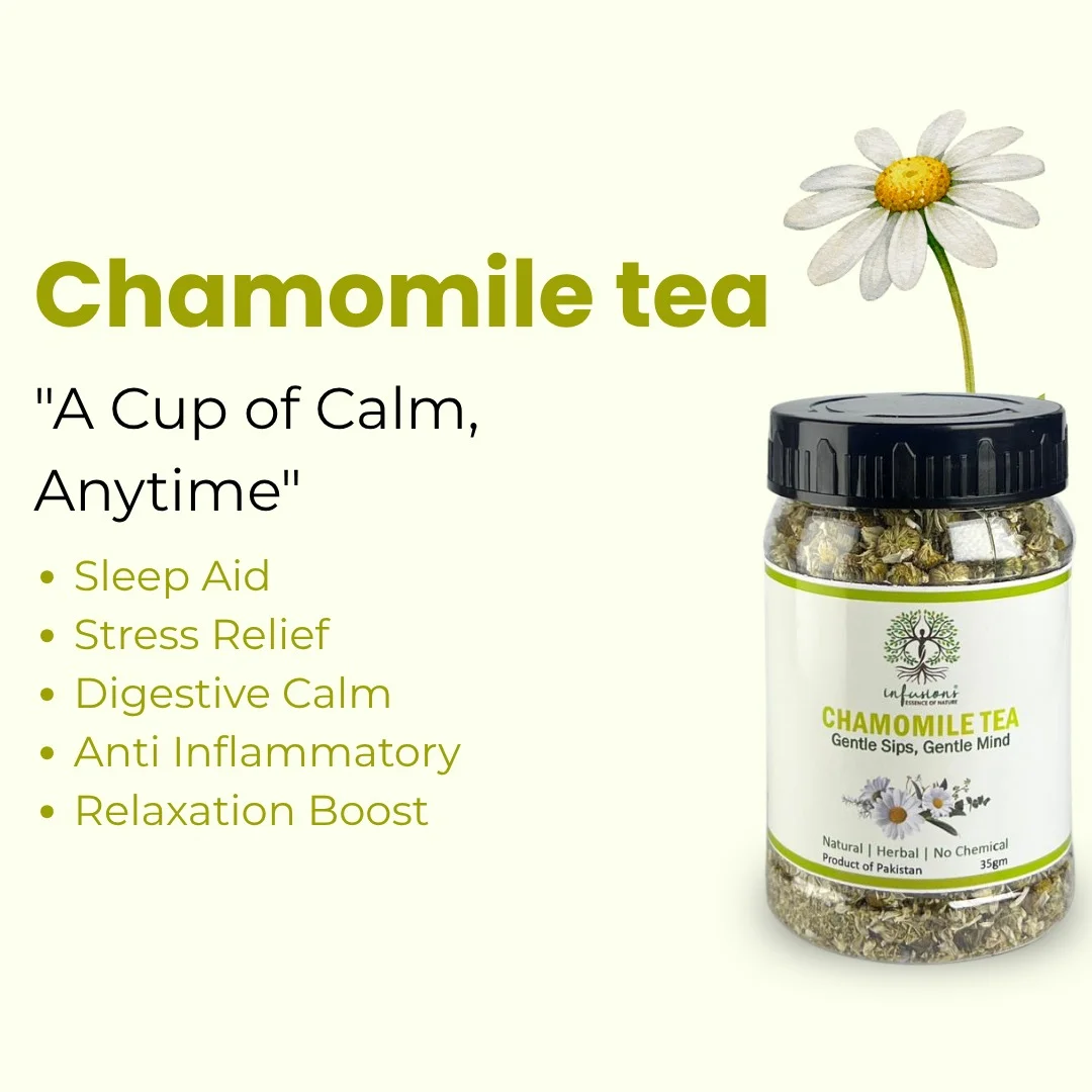 Chamomile Tea antioxidant benefits, digestive wellness and calming properties infographic